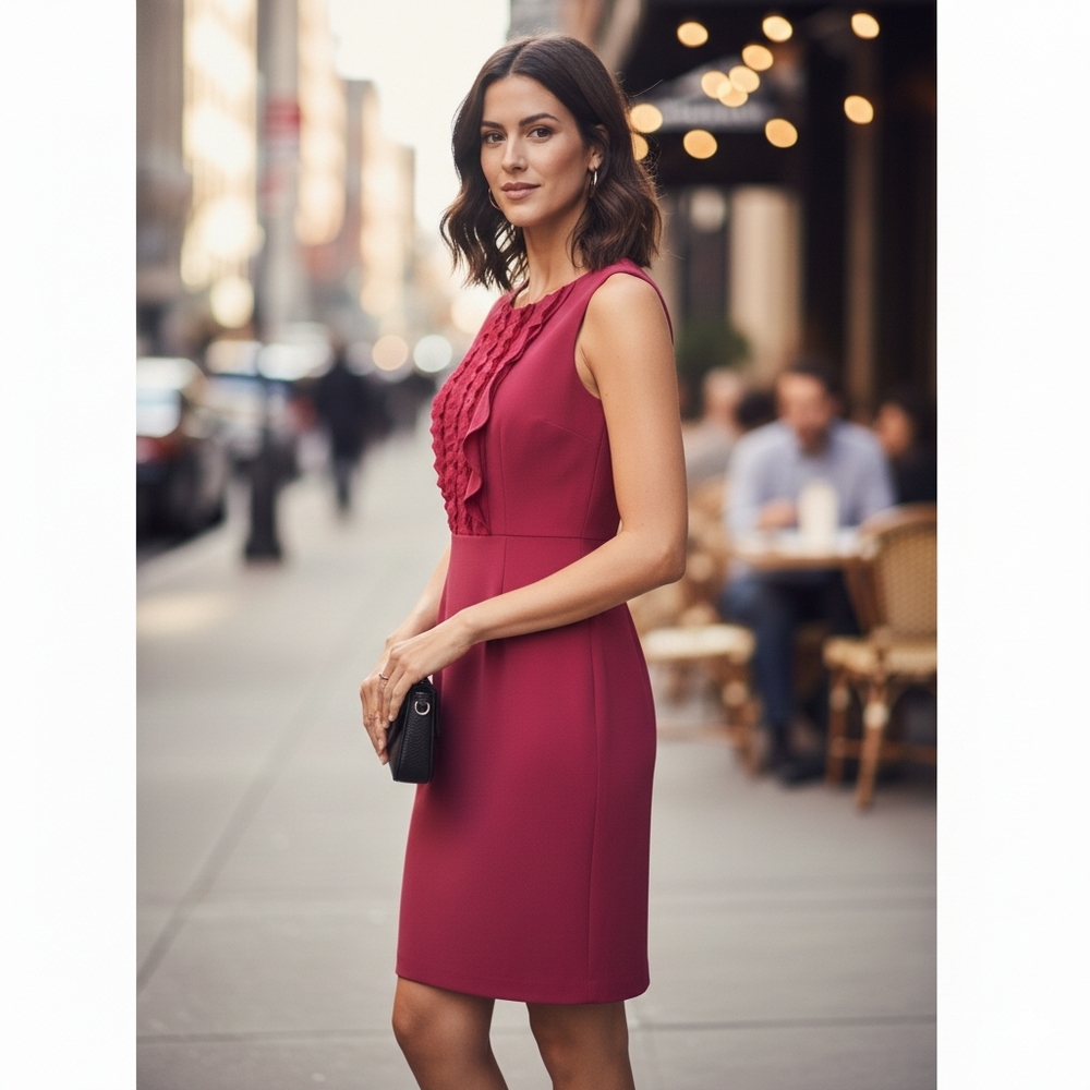 💖 Banana Republic Raspberry Ruffle Front Sheath Dress - Size 8 💖 - Picture 2 of 16